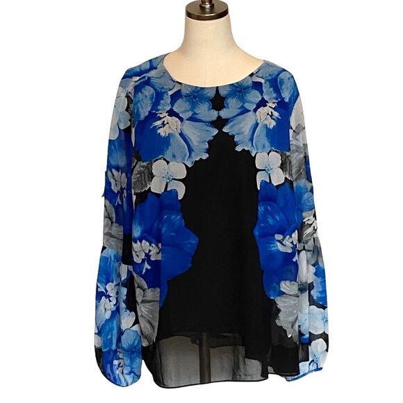 Calvin Klein Balloon Sleeve Blue Black Floral Sheer Blouse 0X Plus Size XXL - Picture 1 of 11